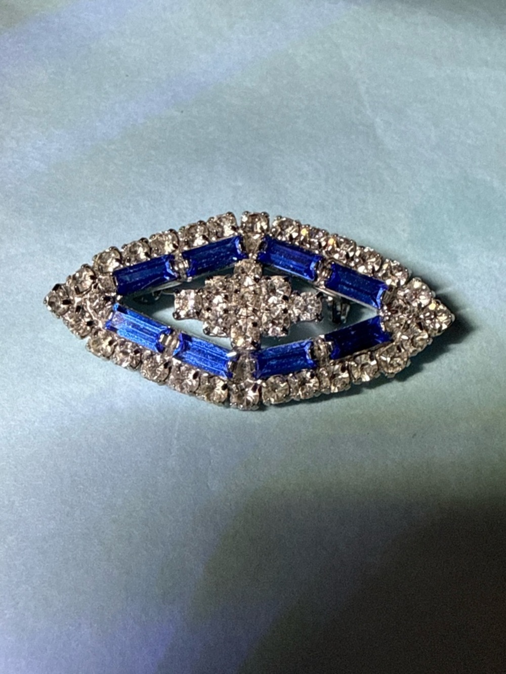 Vintage Blue Rhinestone Navette Brooch Silver Tone Art Deco Style Pin
